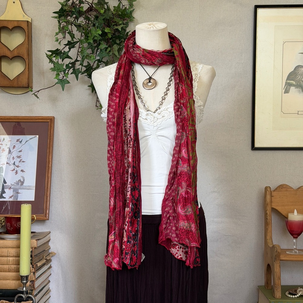 Red Recycled Silk Patchwork Scarf Boho Hippie Vintage OS Whimsy Earthy Girly